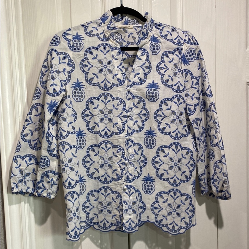 Sunday Up Blue and White Eyelet Button Down Shirt